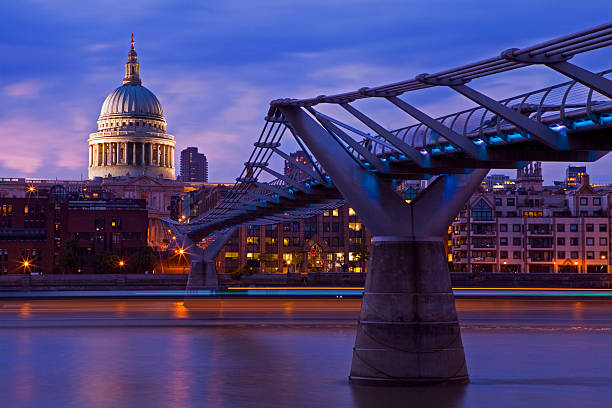 St. Paul's Cathedral and the Millennium Bridge at dusk.