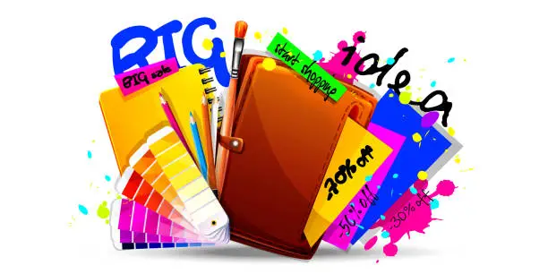 Vector illustration of Creativity and e-commerce concept in cartoon style. Folder with multi-colored paper, color palette, brush and pencils with notepad on a white background. Creative web icon.
