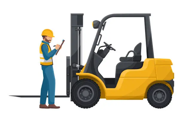 Vector illustration of Industrial inspector inspecting a lift truck. Preventive maintenance of an industrial forklift. Industrial storage and distribution of products. Industrial Safety
