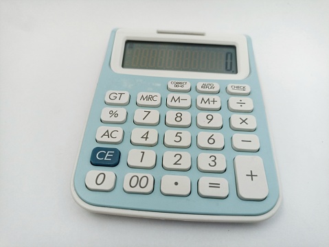 The calculator is white and blue