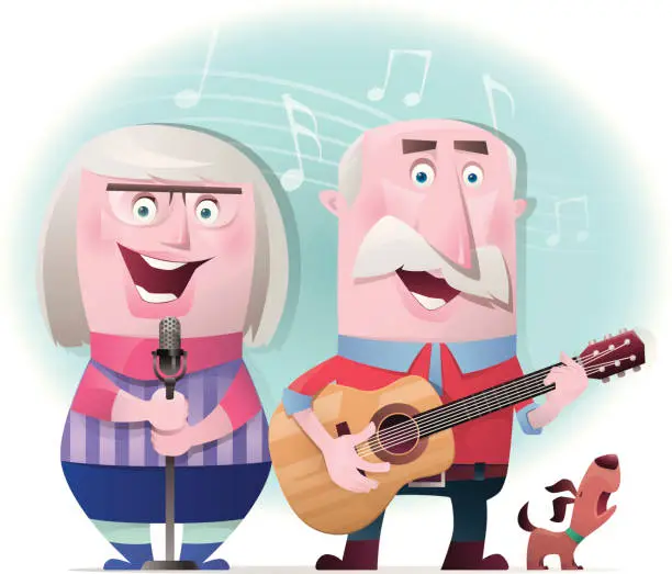 Vector illustration of senior couple playing guitar and singing