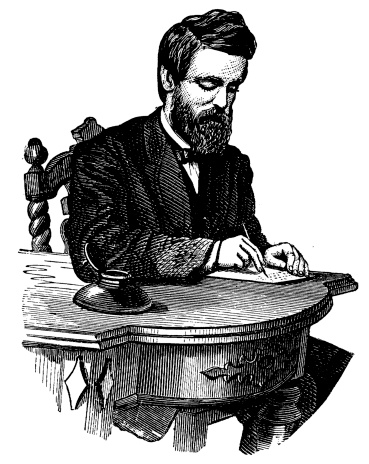 Antique engraving of a man, writing on a desk (isolated on white). Very high XXXL resolution image scanned at 600 dpi. Published in Specimens des divers caract