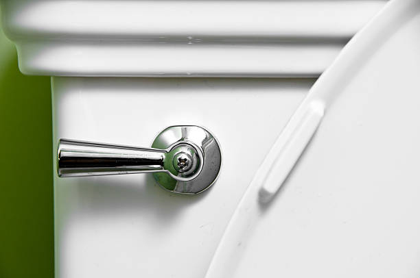 A shiny handle in a white toilet stock photo