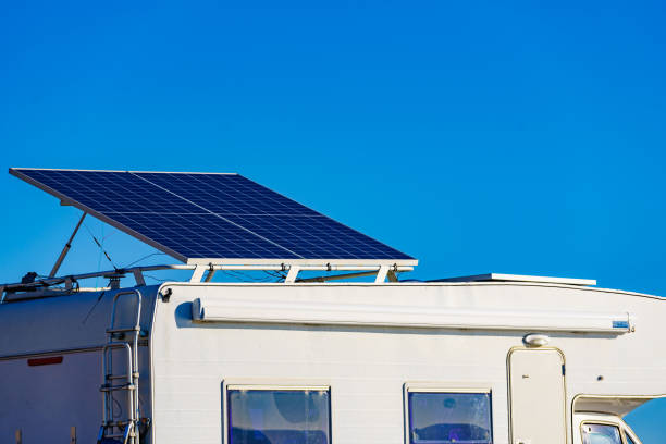 istock Caravan with tilt solar panels on roof. 1745445495