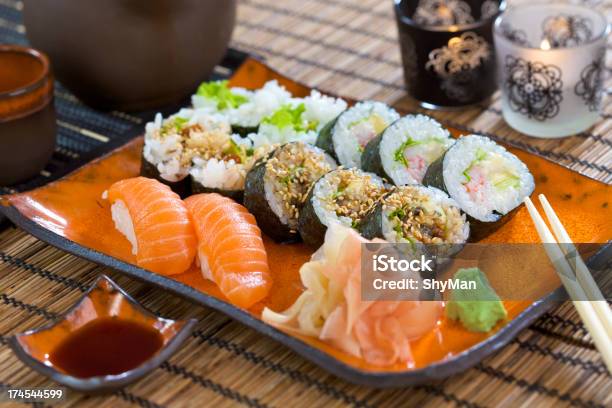 A Sushi Set With Wasabi Soy Sauce And Chop Stick Stock Photo - Download Image Now - Avocado, Fish, Food