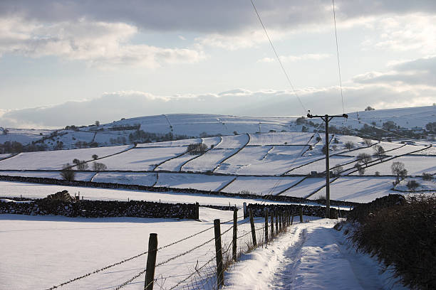 Snowscape in Derbyshire, England; view over the Peak District