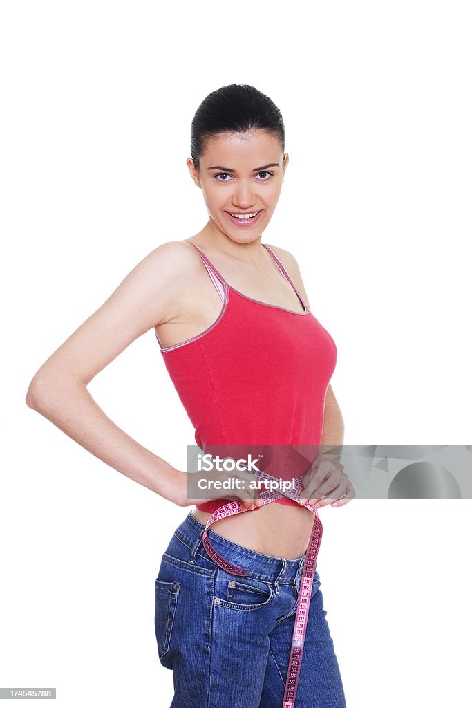 on diet Woman measuring her small waist, isolated on white background Loss Stock Photo