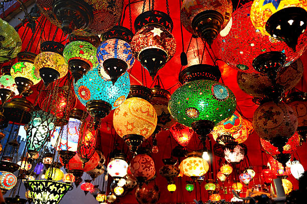Collection of brightly colored Turkish hanging lamps
