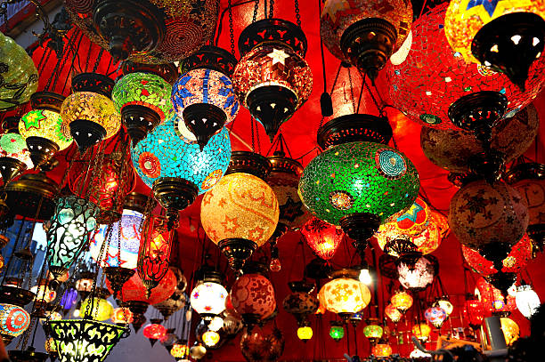 Collection of brightly colored Turkish hanging lamps stock photo