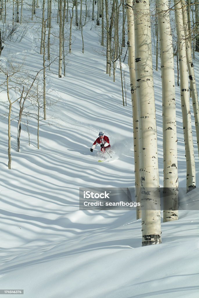 Tree Skier A man skiing in Aspen trees at sunset with horizontal shadow stripes on snow and copy-space. Vail - Colorado Stock Photo