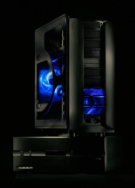 black PC case cool black computer case with blue lighting computer case stock pictures, royalty-free photos & images