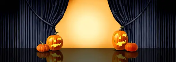 Halloween background for festive seasonal fall or autumn holiday as a trick or treat celebration as a purple and orange curtain with blank space for text as a 3D render.