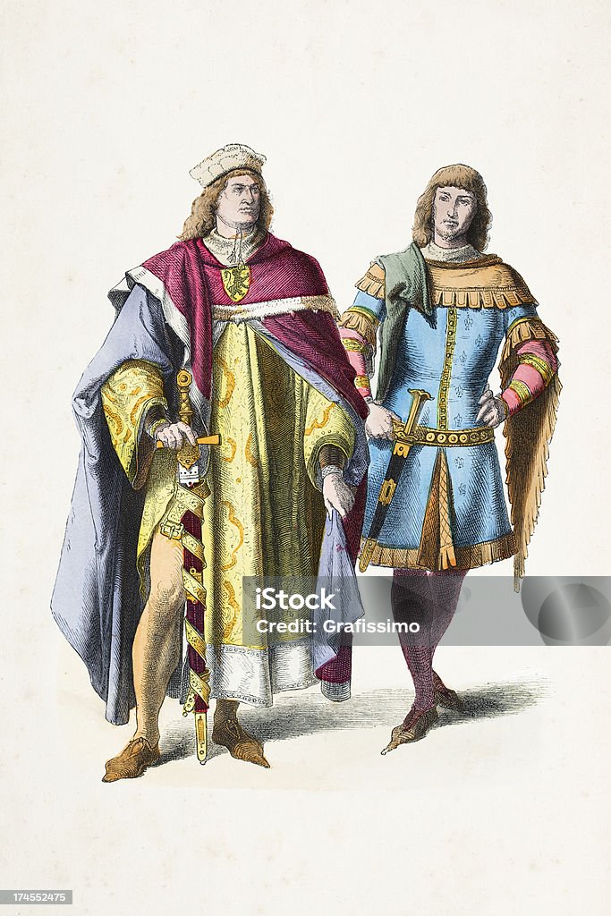 Князь и Найт в традиционной одежды XIV века - Стоковые иллюстрации XIX век роялти-фри