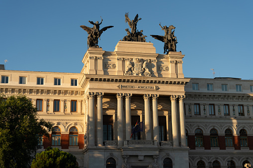 Facade of the Ministry of Agriculture, Fisheries and Food on Paseo del Prado at sunset. Madrid. Spain. July 29, 2023