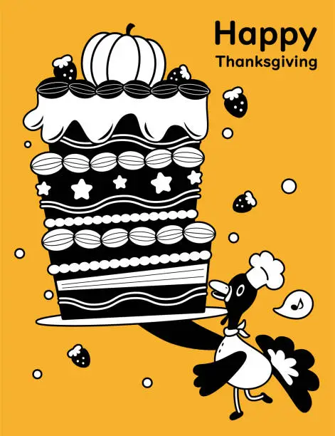 Vector illustration of Cute monochrome design of a turkey chef serving a big Thanksgiving cake or birthday cake
