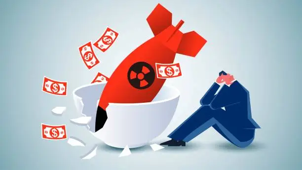 Vector illustration of Victims of war, wars and disasters, wars that cost people their jobs, careers or businesses, agonized and desperate businessmen sitting and crying next to bowls shattered by missiles