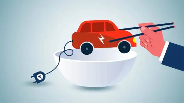 Vector illustration of Seize the electric car market, new energy electric car marketing and competition, new energy electric car market share, car sales and competition, energy competition, hand holding chopsticks from a bowl of charging electric cars