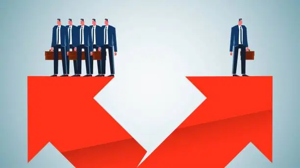 Vector illustration of Opinions and disagreements, conflicts and contradictions, different directions or different conceptual ideas, unique ideas, a group of businessmen standing on the left arrow another businessman standing on the right arrow