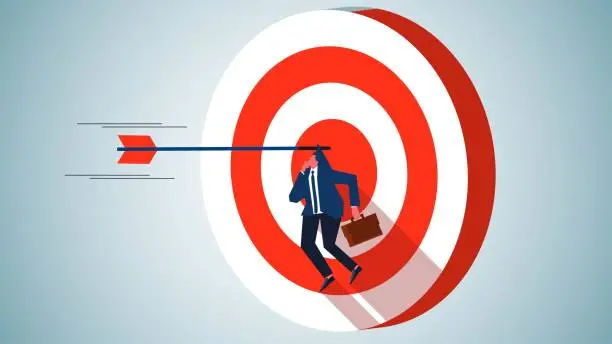Vector illustration of Targeted People, Recruitment Targets, Headhunters, Best Candidates, Advertising and Marketing Audience Targets, Bow and Arrow Shot Nails Businessman to Bullseye