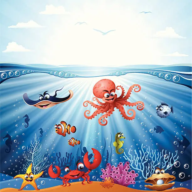 Vector illustration of Animated underwater scene with sea life