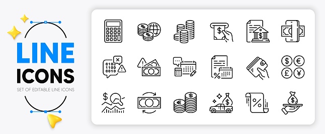 Cash transit, World money and Check investment line icons set for app include Currency, Bank document, Atm service outline thin icon. Coins, Binary code, Fraud pictogram icon. Wallet. Vector