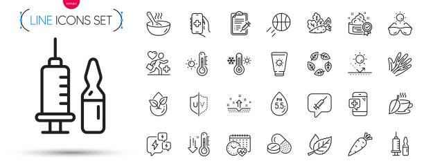 ilustraciones, imágenes clip art, dibujos animados e iconos de stock de pack de iconos de protección solar, protector solar y línea de estrés. icono de pictograma. vector - vegetable basket