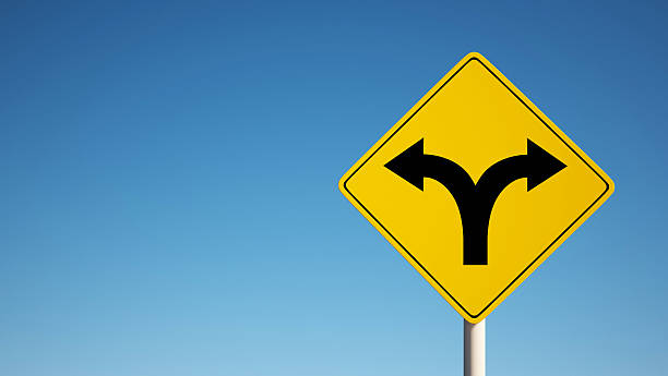 istock Sign with 2 dividing directions on blue sky clipping path 174561029