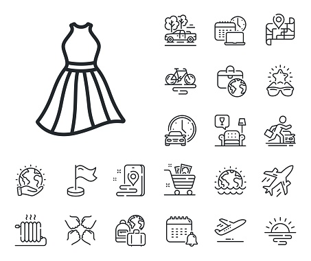 Clothing gown sign. Plane jet, travel map and baggage claim outline icons. Dress line icon. Women fashion outfit symbol. Dress line sign. Car rental, taxi transport icon. Place location. Vector