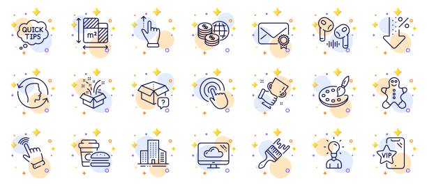 world money, winner cup 및 palette line icons for web app의 개요 세트. 픽토그램 아이콘. 벡터 - privacy speed business click stock illustrations