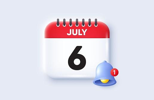 6th day of the month icon. Calendar date 3d icon. Event schedule date. Meeting appointment time. 6th day of July month. Calendar event reminder date. Vector