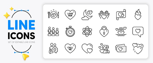 Love message, Equality and Heart line icons set for app include Couple, Heart flame, Heartbeat timer outline thin icon. Love letter, Romantic dinner, Honeymoon cruise pictogram icon. Vector