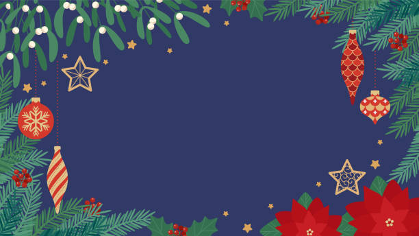 クリスマスの飾り、モミの木、ヤドリギ、ポインセチアで飾られたデザイン背景フレーム - holly christmas frame poinsettia点のイラスト素材／クリップアート素材／マンガ素材／アイコン素材