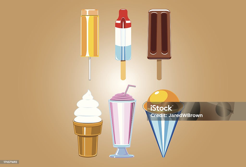 Frozen Dessert Treats Set of 6 classic frozen dessert treats for use as illustration, icons and in presentations. Included are an ice cream cone, milkshake, snow cone, fudge popsicle, rocket popsicle and an orange push pop. Snow Cone stock vector