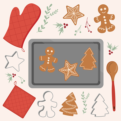 Holiday vector elements including gingerbread biscuits, cookie cutters, baking tray, oven mitts and spoon.