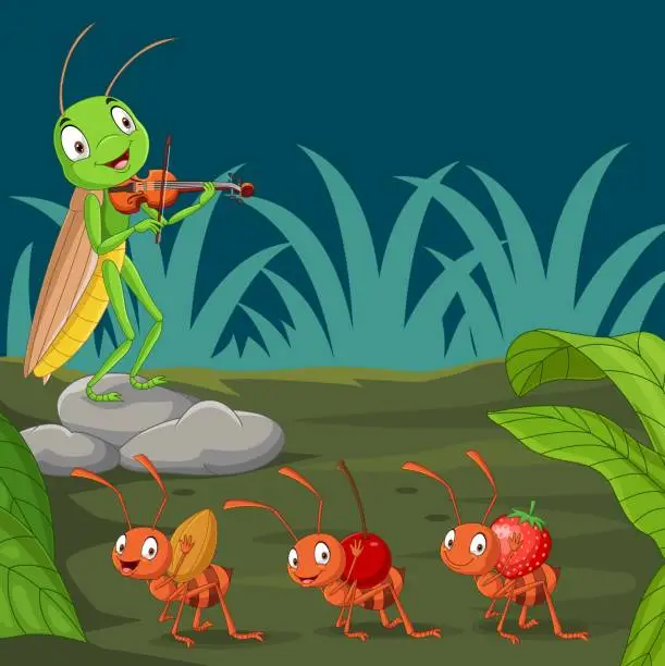 Vector illustration of Cartoon ant and grasshopper in the garden