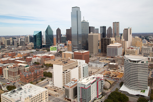 Dallas, Texas, USA downtown plaza and skyline.