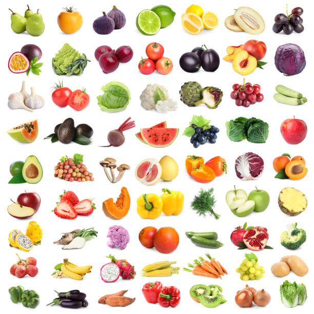 istock Many fresh fruits and vegetables on white background, collage design 1745766291