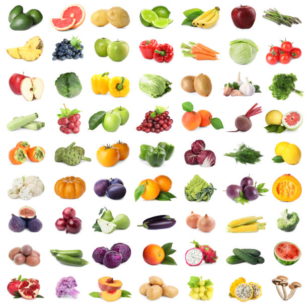 istock Many fresh fruits and vegetables on white background, collage design 1745766305