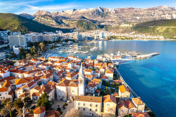 Town of Budva historic architecture aerial view Town of Budva historic architecture aerial view, archipelago of Montenegro budva stock pictures, royalty-free photos & images