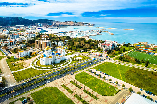 Town of Bar coastline and architecture aerial view, archipelago of Montenegro