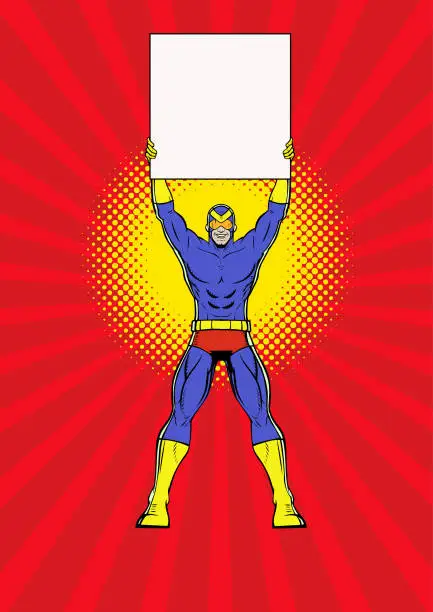 Vector illustration of Vector Pop Art Smiling Superhero Holding a Blank Sign Stock Illustration