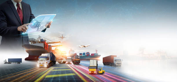 istock Global business of Container Cargo freight train for Business logistics  and digital future technology concept, Air cargo trucking, Rail transportation and maritime shipping, Online goods orders worldwide 1745809342