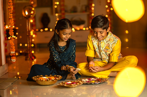 Smiling sister and brother in traditional clothing decorating plate with flowers while sitting on floor in illuminated home during Diwali