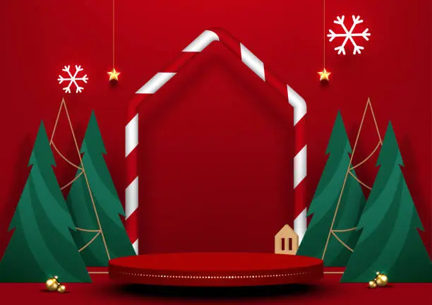 Vector illustration of Stage podium for product display with Christmas festive. Christmas background. Vector illustration.
