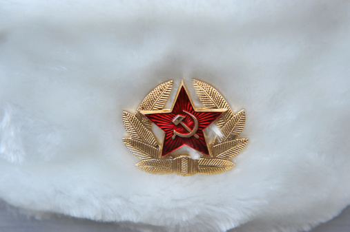 Russia: Soviet Fur hat insignia closeup