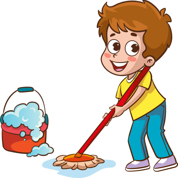 ilustrações de stock, clip art, desenhos animados e ícones de happy little boy holding mop and bucket cleaning floor doing housework chore - domestic room child cartoon little boys