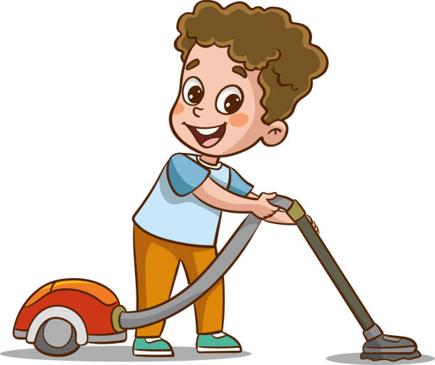 ilustrações de stock, clip art, desenhos animados e ícones de happy little boy holding mop and bucket cleaning floor doing housework chore - domestic room child cartoon little boys