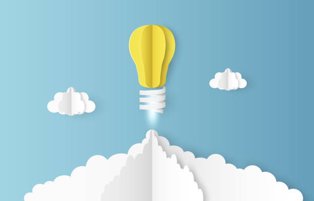 stockillustraties, clipart, cartoons en iconen met paper art of light bulb soaring to sky, creativity or innovation concept, vector and illustration. - origami art