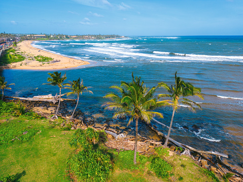 Aerial view of Wailua bay beach park Kauai island,  Hawaii USA