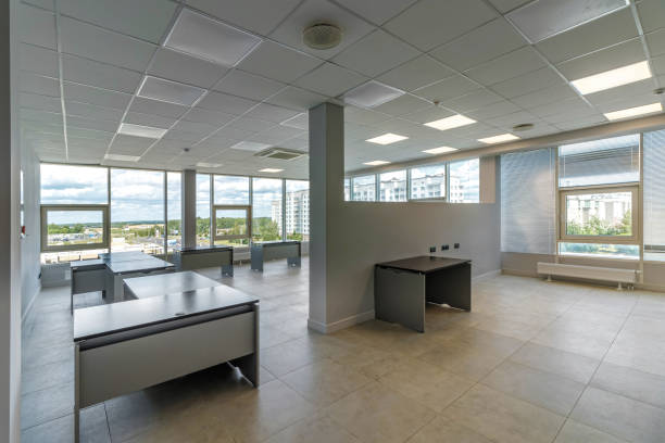 istock Interior of a modern office with huge panoramic windows, after renovation 1745907943